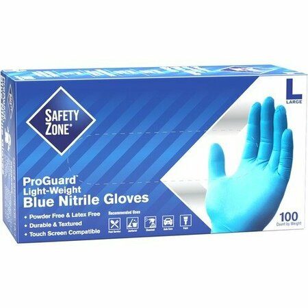 THE SAFETY ZONE GNPR-1A, Nitrile Disposable Gloves, 3 mil Palm, Nitrile, Powder-Free, L, 100 PK, Blue SZNGNPRLG1A